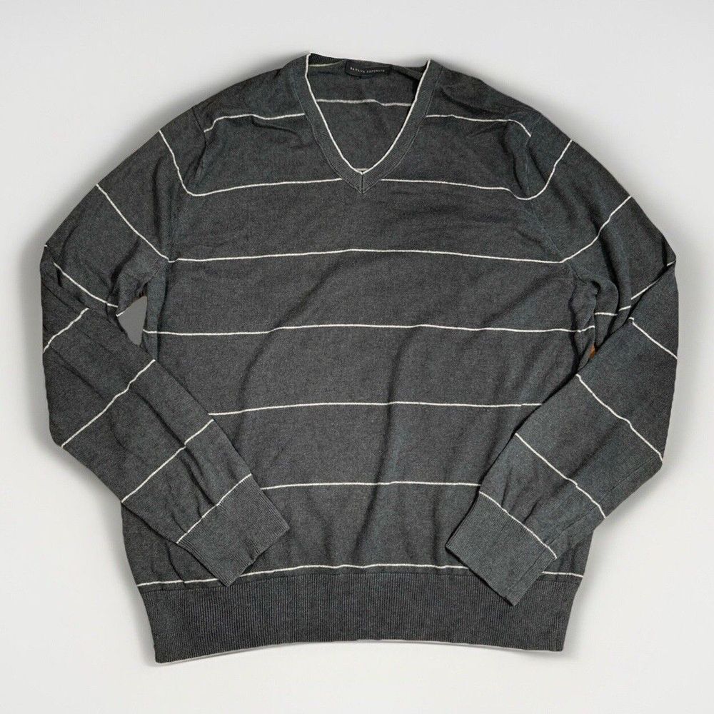 Banana Republic Men's V-Neck Sweater Gray Striped Cashmere & Silk‎ Size Large